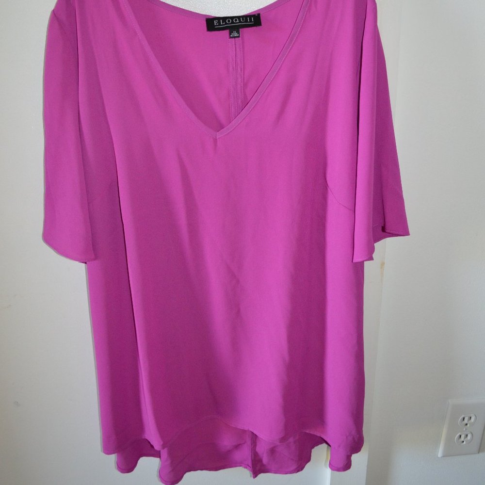 ELOQUII Magenta Fuschia High Low Split Back Cross Over Bell Sleeve Semi Sheer 14